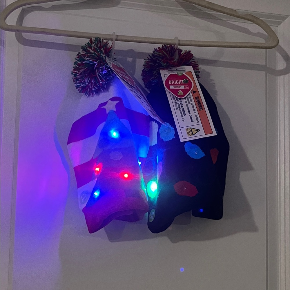 LED Pom Pom Winter Beanie Hats - Red, White & Navy